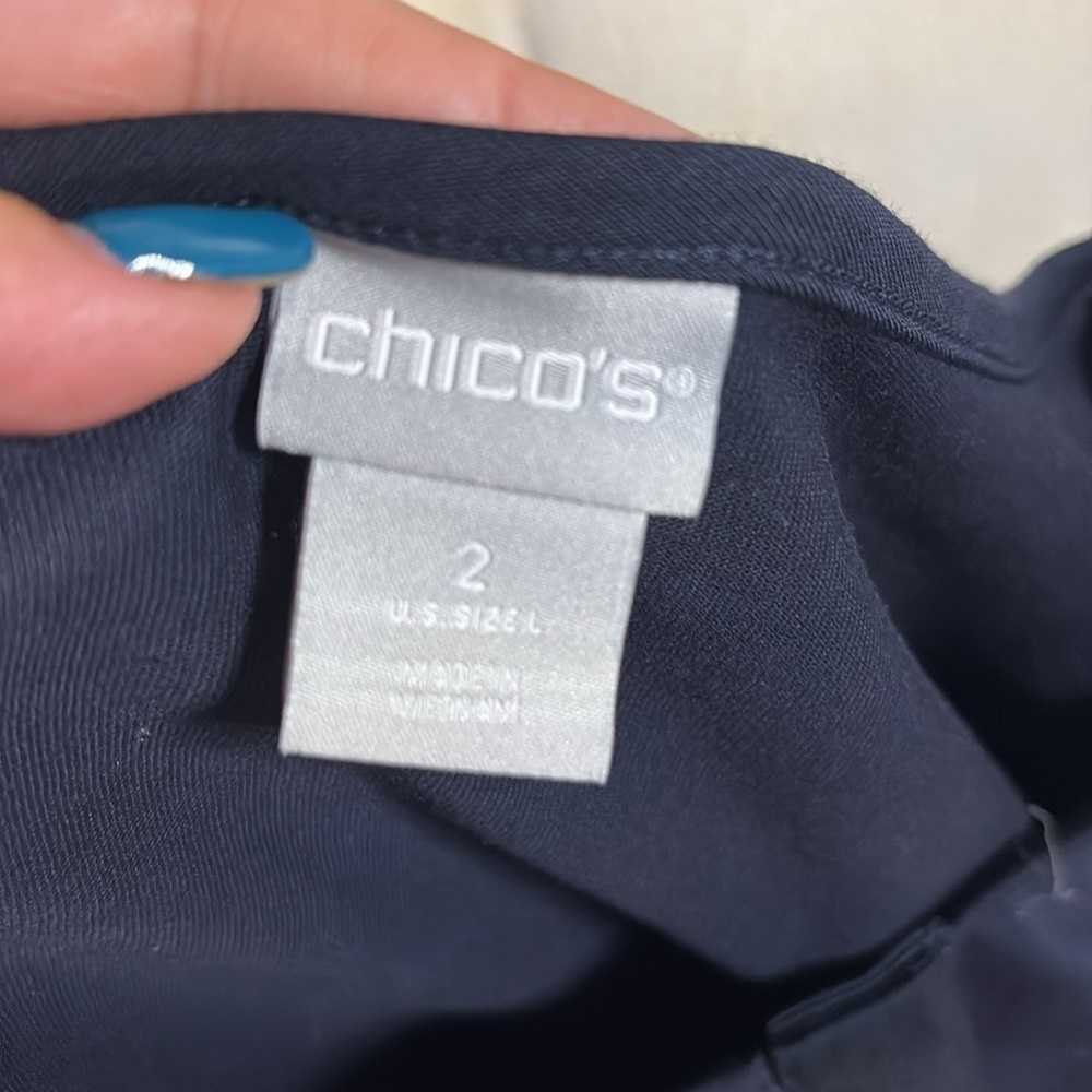 Chico's NWT Classic Navy MIX MEDIA cotton Blouse top statement touched sleeves L - Picture 8 of 12